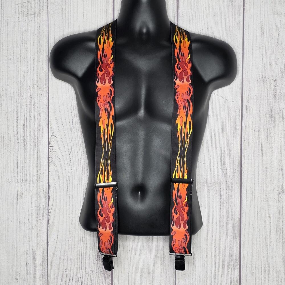 HoldUp Flame Print Heavy Duty Suspenders 2" Wide X-Back Jumbo Clips Adjustable